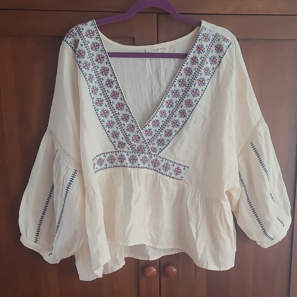 Lucky Brand Cream Puff Sleeve Blouse with Bib Collar